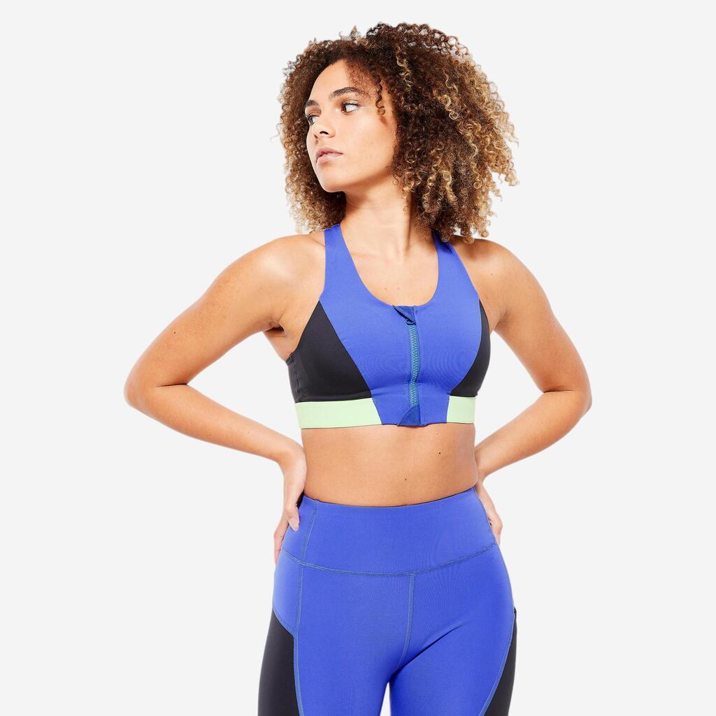 Women's Medium-Support Zipped Sports Bra - Indigo Blue/Grey/Sorbet Green